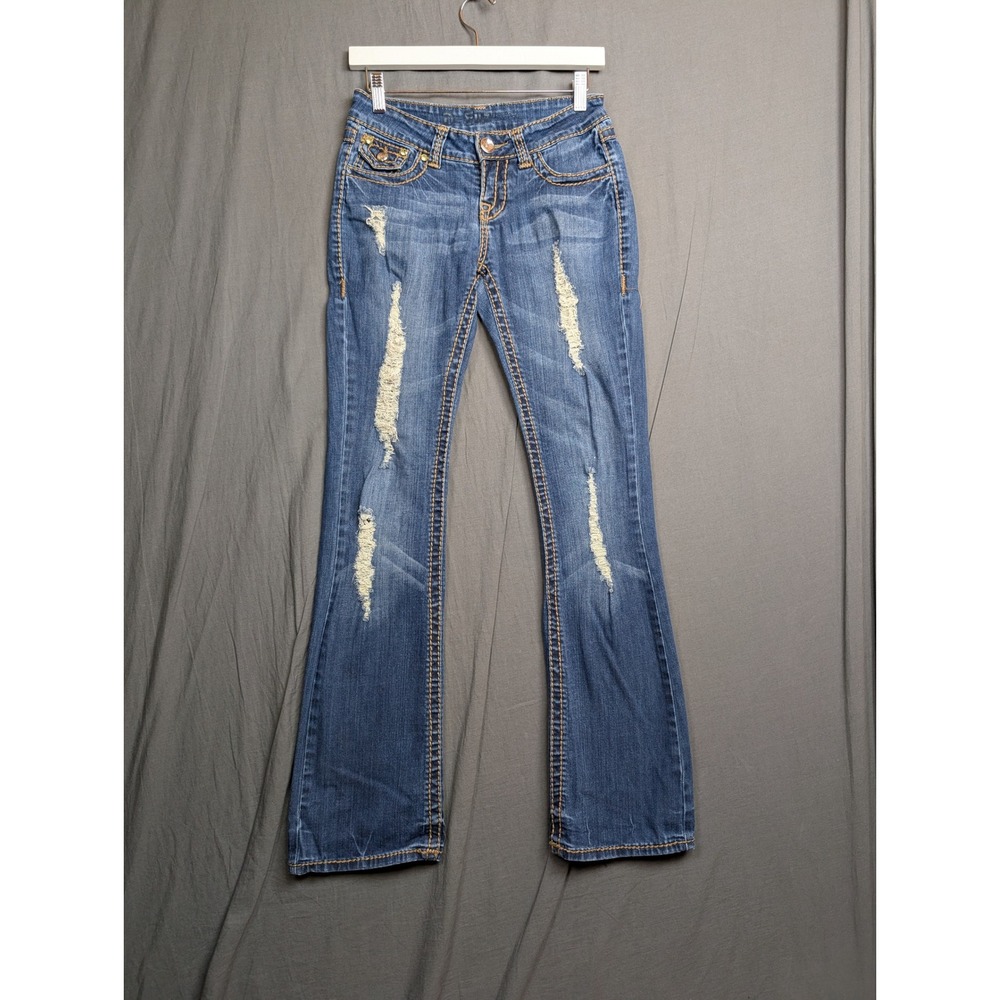 D-Fuz Women Distressed‎ Bootcut Jeans Blue Low Rise 1/2 Size